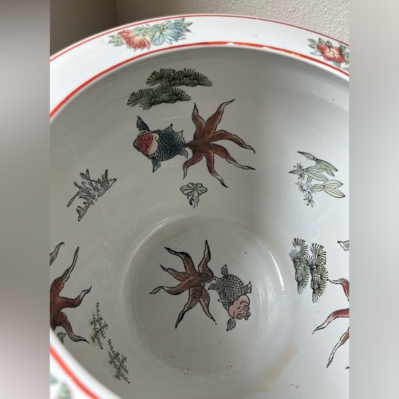 Vintage Asian Koi Fish and Bird with floral Design Planter Cache pot - Picture 4 of 9